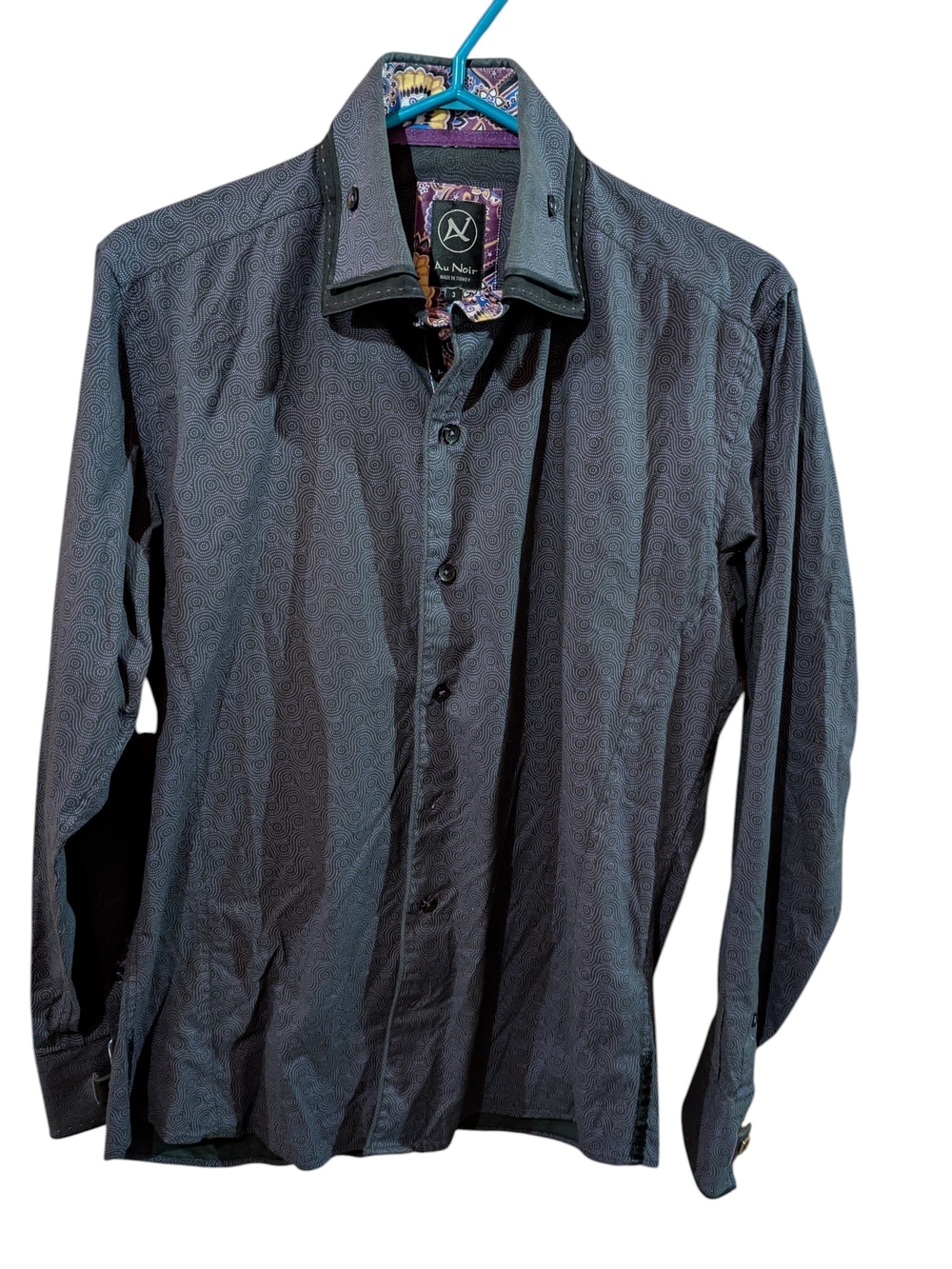 Au Noir Men's Dark Gray Black And Purple Patterned Button-Down Shirt